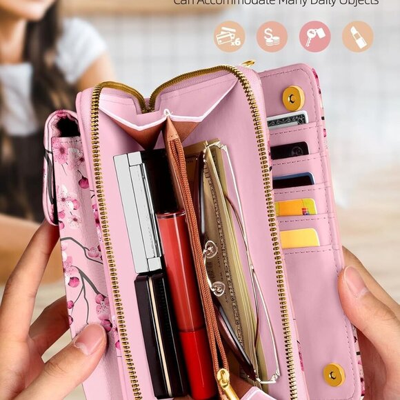 Peach Blossom Crossbody Wallet - Stylish Bag with Spacious Cell Phone Pocket - Picture 4 of 6